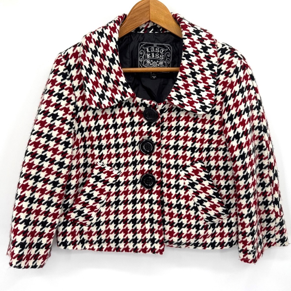 Houndstooth Cropped Retro Jacket Women's L Red Black White Last Kiss 3/4 Sleeve